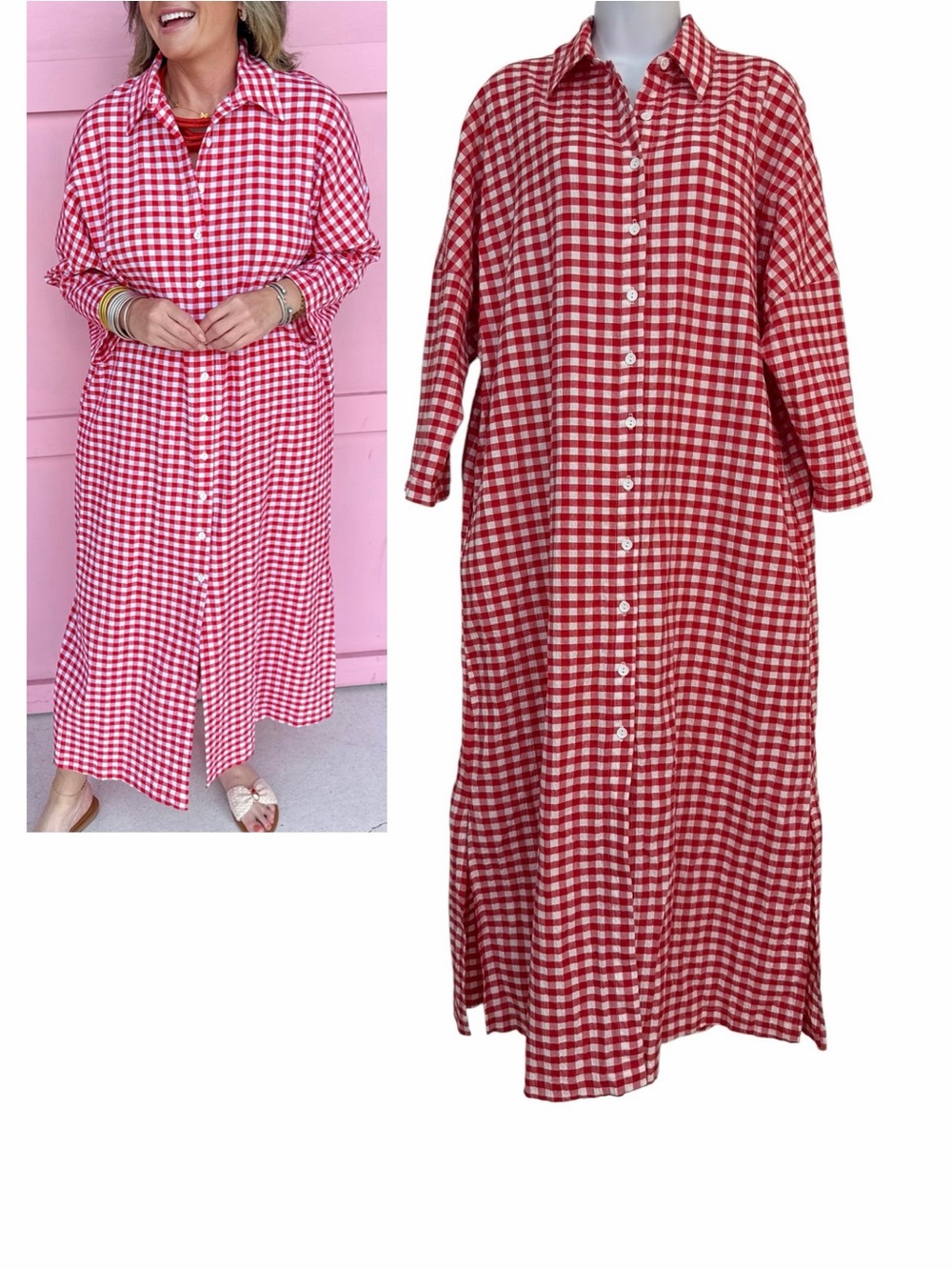 Adrienne Regan Red White Seer Gingham Midi Shirt Dress Size Small Cotton